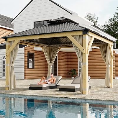 HarmonyHealth 12 x 12 Ft Wood Gazebo, Upgrade Wooden Frame, Double Galvanized Steel Roof, Hardtop Gazebo with Nettings and Curtains for Backyard, Patio, Garden and Lawn, Khaki