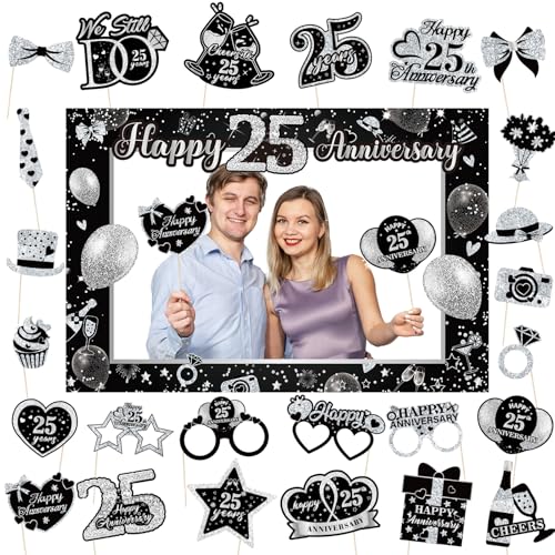25th Wedding Anniversary Decorations Black Sliver 25th Wedding Anniversary Party Photo Booth Props and Selfie Frame Silver Happy 25 Years Anniversaries Party Supplies for Women Men Cheers to 25 Years