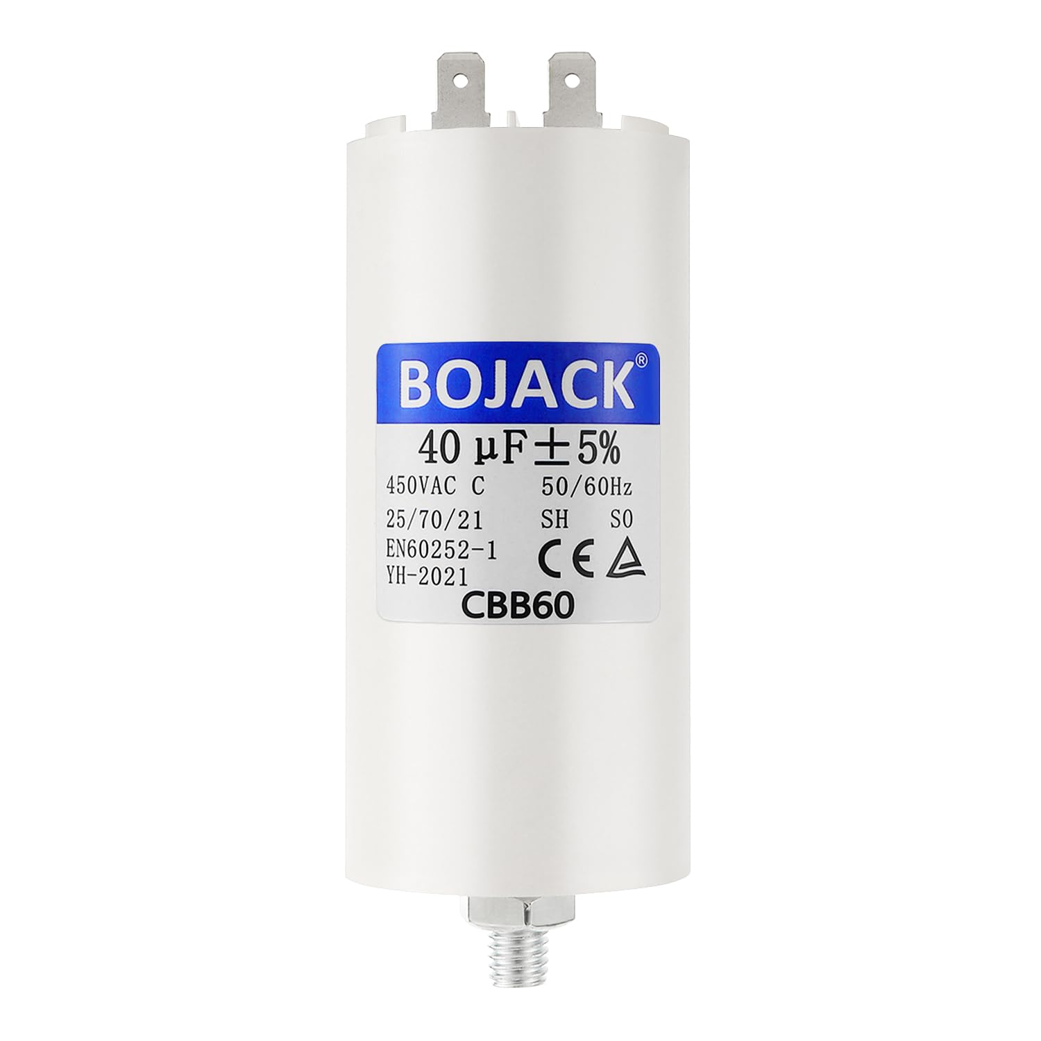 BOJACK CBB60 Motorkondensator 40uF 450V Anlaufkondensator 45x90MM Kondensator 40 µF 450 Volt M8-Stecker, geeignet für Elektromotoren und Schwimmbadpumpen, 50/60Hz
