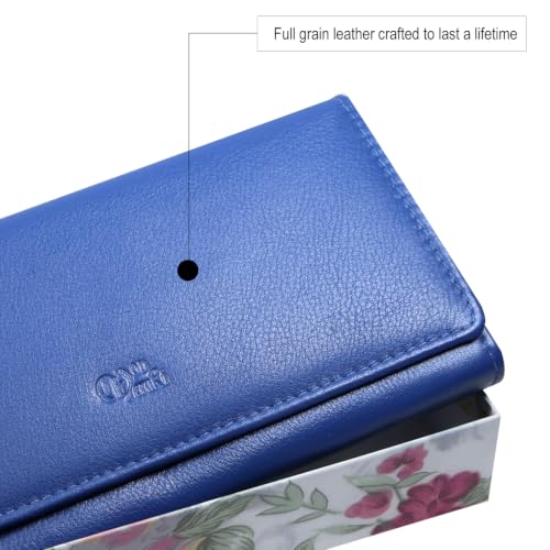 Image of Women's Top Grain Leather Wallet, RFID Blocking Bifold clutch, 17 Card Slots, Zip Pocket Organizer, Elegant Gift for Women - Birthday, Valentine, Anniversary - ROYAL BLUE
