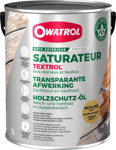 OWATROL – TEXTROL – Teinte Incolore - Saturateur Bois Extérieur à Base d'Huiles Naturelles Végétales pour Chalets Barrières Abris de Jardin Bardages Bois Extérieur – Huile Terrasse Bois – 5 L