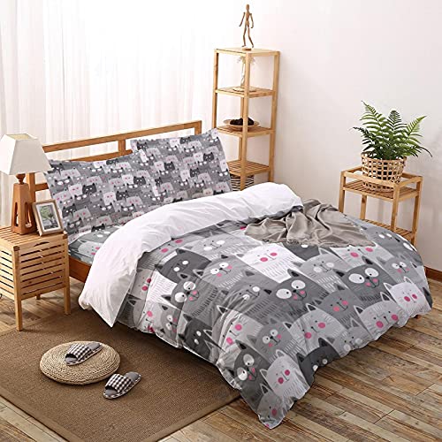 CUUGF Juego de Sábanas Reversibles 3 Piezas Dibujos animados gato gris Kawaii 260x240CM Juego de...