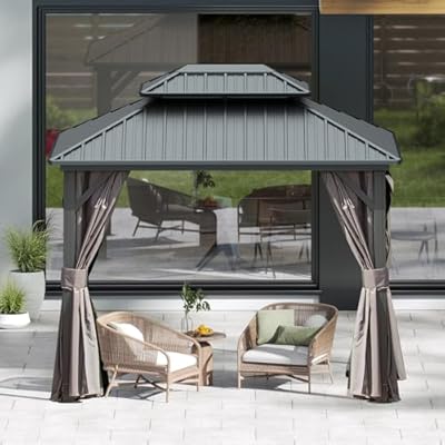 Domi 8’ X 10’ Hardtop Gazebo Canopy with Netting & Curtains, Outdoor Metal Gazebo with Galvanized Steel Double Roof for Patio Lawn and Garden, Gray
