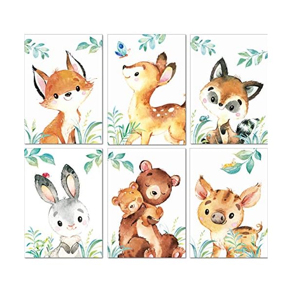 LALELU-Prints | A4 Bilder Kinderzimmer Deko Mädchen Junge | Zauberhafte Wald-Tiere | Poster Babyzimmer | 6er Set…