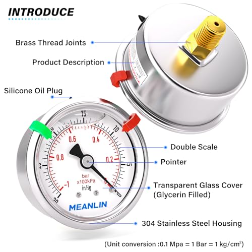 Image of MEANLIN MEASURE -30inHG~0Psi Vacuum Pressure Gauge 1 /8 inch NPT 2.5 inch FACE DIAL, Stainless Steel Liquid Filled Pressure Gauge WOG Water Oil Air Center Back Mount (with 2PCS Snaps)