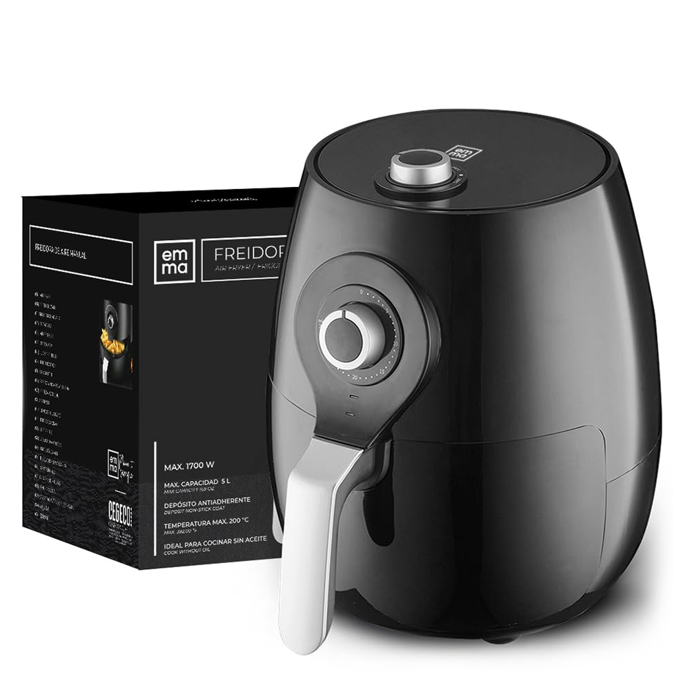 EMMA, Freidora de Aire, 5 L, Antiadherente, 1700W, 29.5x28.5x34 cm, Negro, Cocina Saludable sin Aceite, Cesta Antiadherente, Temperatura Ajustable, Ideal para Hogar y Familia