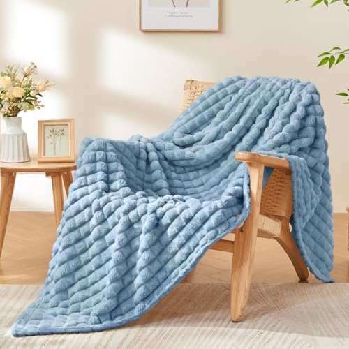 Image of BEDELITE 3D Checked Blue Fleece Throw Blanket for Couch, 50x60 Inches