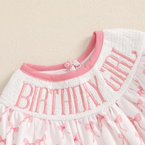 Lamuusaa Toddler Baby Girl Birthday Outfit Smocked Birthday Girl Embroidery Romper Bow Print Bodysuit Summer Outfit3