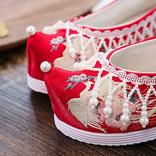 Women Cotton Fabric Embroidered Flat Platforms with Pearls Pendants Vintage Chinese Style Red Wedding Bridal Shoes (Color : Red, Size : 9 Code) (Red 6 Code)4