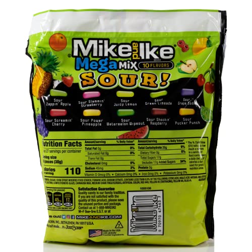 Mike And Ike Megamix Sour Candy Pack Of 2 Bags - 28.8 Ounce Each - 2 Bags Of Chewy Sour Candy Bulk Pack - Mike And Ike Candy Bulk Pack - Bundle With Ballard Products Pocket Bag #TOP2