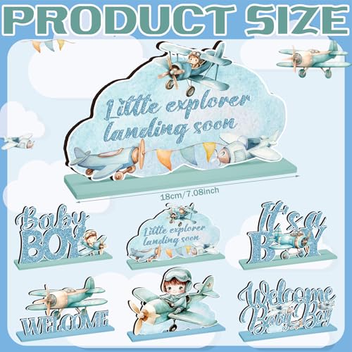 Image of Realspring 6 Pcs Airplane Baby Shower Decorations Airplane Wooden Table Centerpieces for Boy 1st Birthday Party Aircraft Theme Party Decoration It's a Boy Baby Shower Supplies