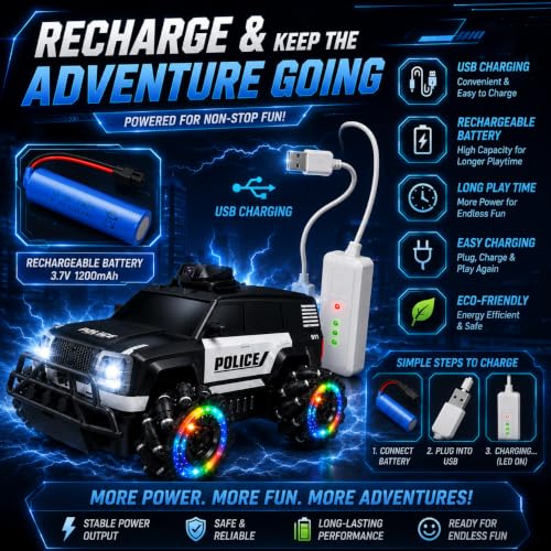 Image of 1:12 RC Police Stunt Drift Car with Camera, 2.4GHz Remote Control Car, LED Lights, Spray Mist, 360 Drift Wheels, USB Rechargeable 4WD Off-Road RC Car Toy for Kids Boys & Girls Age 6+