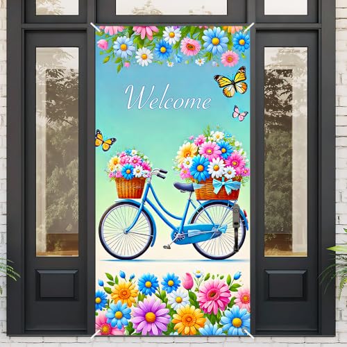 Image of Welcome Spring Bicycle Door Cover 35x71in Daisy Decor