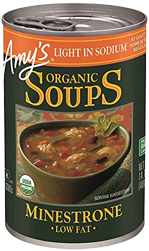 Amy’s Soup, Vegan Minestrone Soup, Light in Sodium, Made With Organic Vegetables, Beans and Pasta in Tomato Broth, Canned Soup, 14.1 Oz