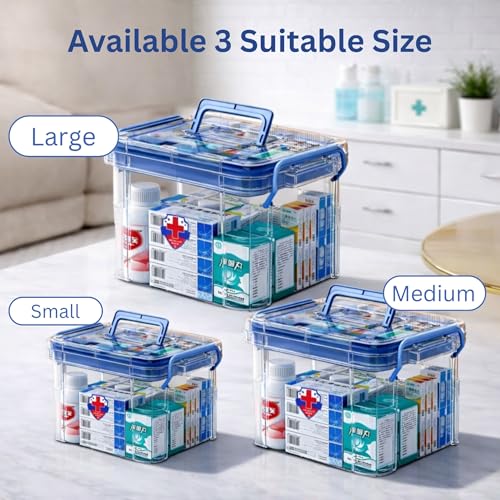 Image of HoopVool Clear Plastic Medicine Storage Box Organizer, Family Emergency Kit with Removable Pill Case Portable Lockable Container for, Art Craft and Cosmetic Household Organizer (Blue, Small)