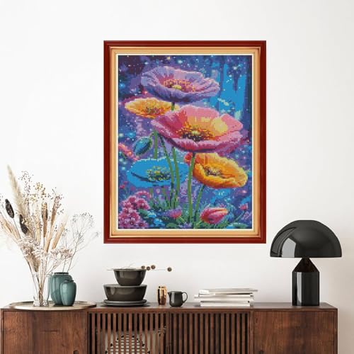 Image of MYBISYMQQ Dreamy Starry Sky Floral Cross Stitch Kits for Adults Beginners - 11CT Stamped Flower Embroidery Kit, DIY Pre-Printed Needlepoint Patterns for Home Wall Art Decor, 15.7x11.8 Inches