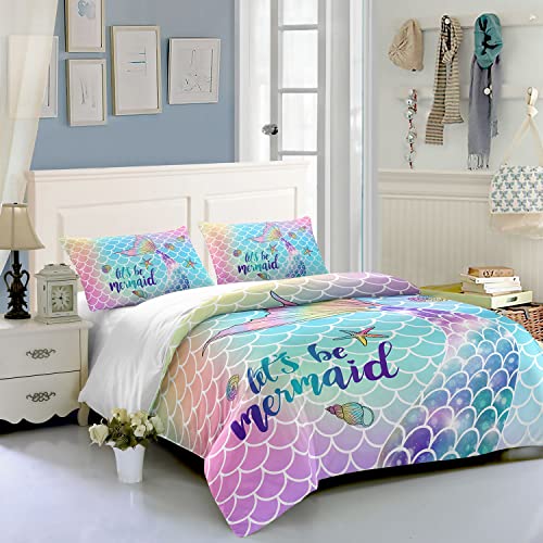 HOSIMA Mermaid Duvet Covers Bedding Set for Girls Kids Rainbow Scales Watercolor Mermaid Tail and Sea Shell Print with 2 Pillowcases(Mermaid Superking) - Image 2