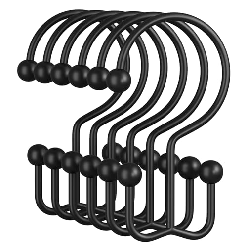 Amazer Black Shower Curtain Hooks 12PCS Minimalist Simple Double Shower Curtain Rings Rust-Resistant Metal Shower Hooks Shower Curtain Hangers Shower Rings for Bathroom Shower Rods Curtains