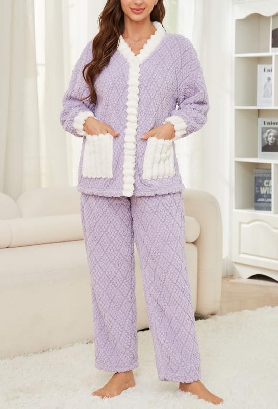 U2SKIIN Women's Plush Fleece Pajama Set,Soft Jacquard Pajamas for Women Cozy Lounge Sleepwear - Image 5