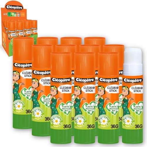CLEOPATRE – Boîte de 12 bâtons de colle VÉGÉTALE en 36 gr – Naturel Sans Solvant – Idéal pour Écoles, Papeterie, Bureau, Fournitures Scolaires