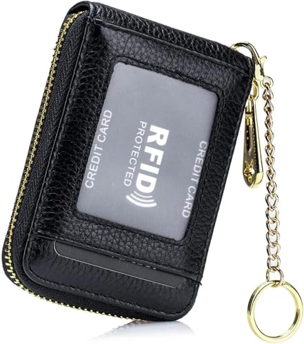 WOMGKDA Cartera Minimalista de Piel auténtica para Mujer con Llavero y Bloqueo RFID, Capacidad para 12 Tarjetas de crédito, tamaño Compacto 4.3x3x0.7 Pulgadas, Color ro, #1 Negro