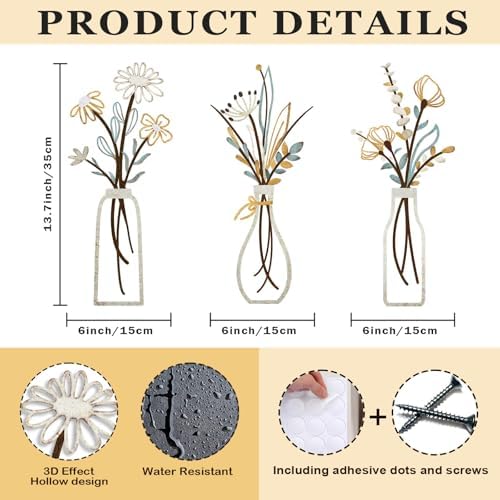 Pigort 3 Pieces Metal Flowers Wall Arts - Rustic Farmhouse Decor Beige Minimalist Flower Wall Decors for Living room Bathroom Bedroom Dining Room-Housewarming Gifts (Beige, Vase-C) - 1