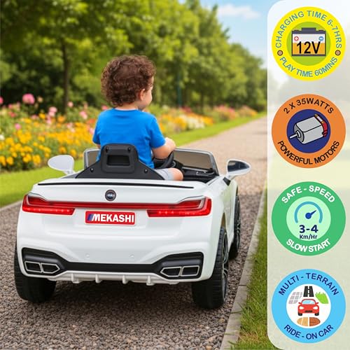 Image of MEKASHI Electric Ride-On Car for Kids 1-7 Years, 12V Battery, Remote Control, 5 Speed, LED Lights, Bluetooth, White