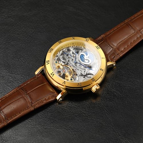Image of FORSINING Men's Self Winding Automatic Watch Tourbillon Analog Skeleton Movement Moon Phase Wrist Watch with Genuine Leather Strap
