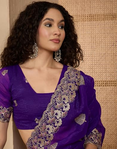 Image of SIRIL Women's Shimmer Chiffon Sequence Embroidery Saree With Unstitched Blouse Piece for Wedding and Parties