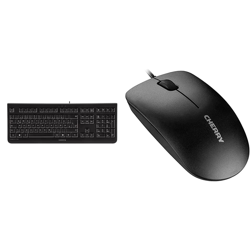 CHERRY KC 1000, British layout, QWERTY keyboard, wired keyboard, Blue Angel, GS-approved, flat design, whisper-quiet keystroke, black & MC 1000 USB Optical Mouse - Black