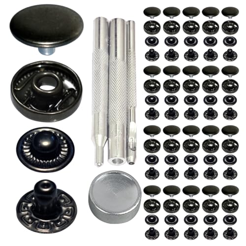 12.5mm 633# Snap Fastener Stainless Steel Poppers Press Stud Cap Button for Bag Coats Marine Clothes Jackets Jeans Braccelets Gunmetal Black (20sets with Tools)