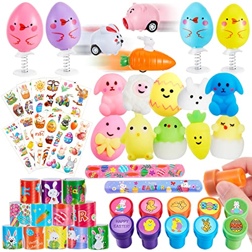 Threan 49 Stück Ostern Mitgebsel Set Ostern Partytütenfüller Osterkörbchenfüller mit Schnapparmbändern Stempeln Zurückziehen Autos Mochi Spielzeugen Kindertattoos für Jungen Mädchen Mitbringsel Cover