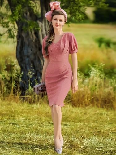 Image of Miusol Women's Retro V-Neck Elegant Glitter Wrap Ruched Puff Sleeve Cocktail Party Dress
