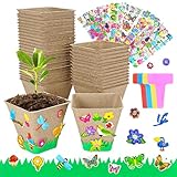 GCVOPTON 40 Set Garden Paper Pot Craft Kit, Seed Starter Pots with Adhesive Foam Stickers and Pot Labels, Seed Starter Pots for Kids Spring Summer Early Graduation DIY Crafts