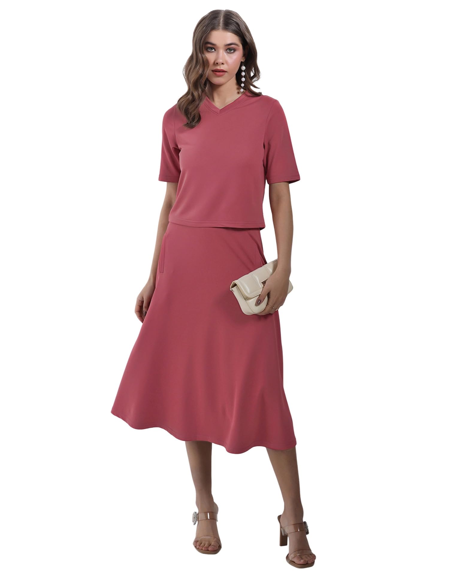 selvia Women's V-Neck Short Sleeve Top with Flared Midi Skirt, Stylish Casual Co-Ord Set-picture-25