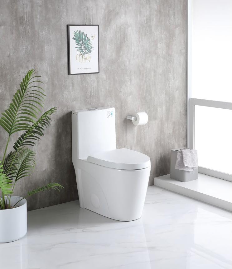 AOOSEVEN T-23T01-GW 1.1/1.6 GPF Dual Flush 1-Piece Elongated Toilet with Soft-Close Seat - Gloss White, Water-Saving, Modern, Stylish Design