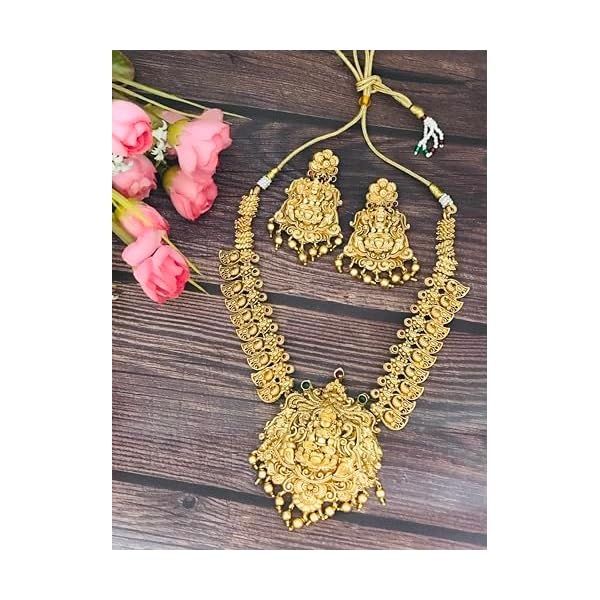 Sattyaki Gold-Plated Traditional South Indian Bridal Jewellery Lakshmi And Peacock Multi Necklace with Matching Earrings in beadwork for Women & Girls. - Image 3