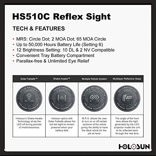 HOLOSUN - HS510C Reflex Red Dot Sight for Longer Barrels (2 MOA Dot, 65 MOA Circle)