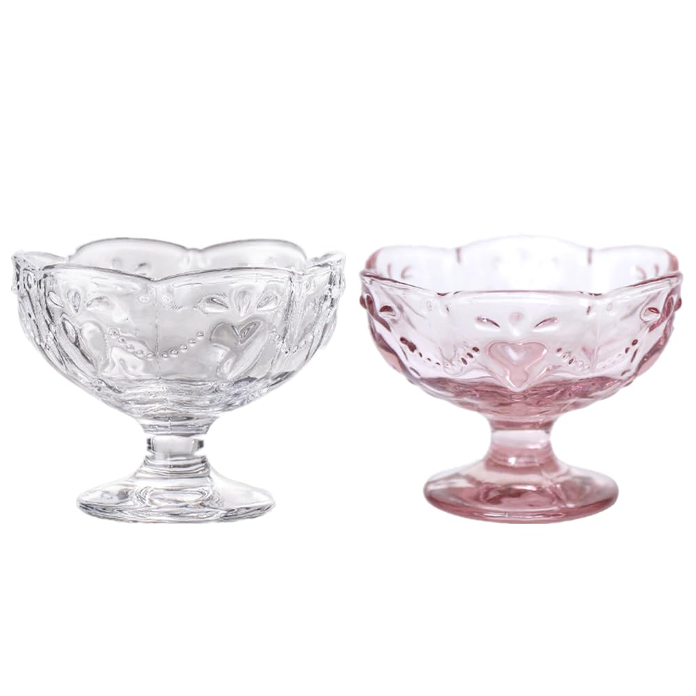 OnePine Set of 2 Vintage Glass Footed Ice Cream Bowls, 140ml Glass Sundae Dishes Dessert Dishes, Height 7cm Glass Dessert Bowls for Dessert, Ice Cream, Sorbet, Fruit and Pudding, etc.