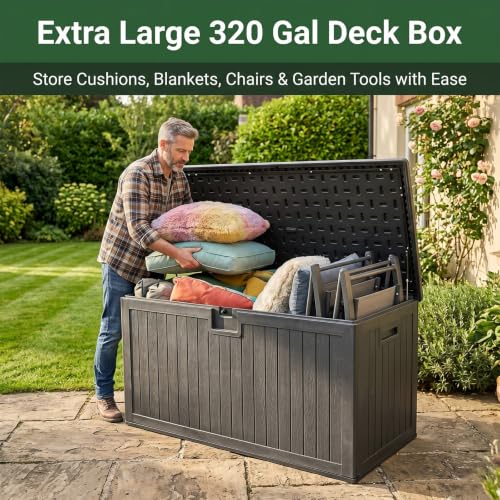 Image of 320 Gallon Deck Box with 6 Waterproof Foot Pads, Resin Storage Box Weatherproof, Plastic Cushion Container with Lock and Lids for Pool Equipment, Black