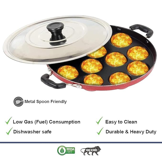 Image of Non-Stick 12 Cavity Appam Patra Pan with Stainless Steel Lid | 2 Side Handle | Multipurpose Appam Maker | Appam Patra | Appam pan | Litti Maker | Appe Stand | Dishwasher Safe (Red)