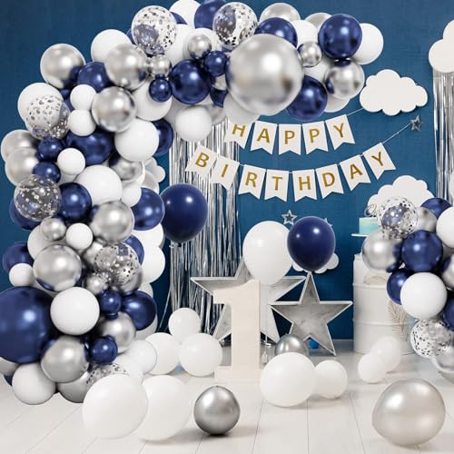 Image of RUBFAC 65pcs Navy Blue Silver Balloons, 12 Inches Navy Blue White Metallic Silver Chrome Party Balloons with Ribbons for Birthday, Wedding, Graduation Cowboys Decorations