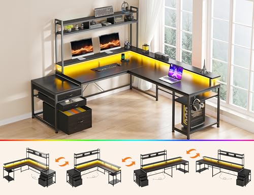 Image of EnHomee 64x59 Inch Two Person L Shaped Gaming Desk with Shelf & LED Lights | 4-Layout with 4 AC+2 USB Charging Ports, Remote Lights for Gaming Room, Black