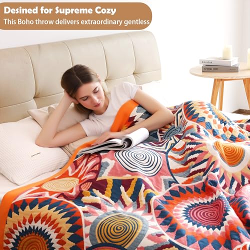 Boho Throw Blanket, 100% Organic Muslin Cotton Skin-friendly Breathable Ultra Soft Bed Quilt Throw - All Season Bohemian Decor Luxury Colorful Blanket for Sofa Couch Chair and Gift. 50" x 60"