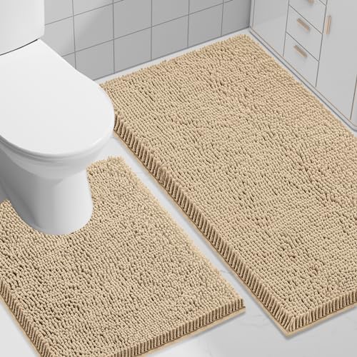 Image of Smiry Bathroom Rugs Set 2 Piece, Soft Absorbent Chenille Bath Mat and U-Shaped Toilet Rug Set, Non Slip Shaggy Bath Carpet for Tub, Shower and Floor (30x20+24x20, Beige)