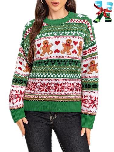 Ugly Christmas Sweater for Women Funny Crewneck Knit Christmas Sweater for Family Pullover Long Sleeve Top