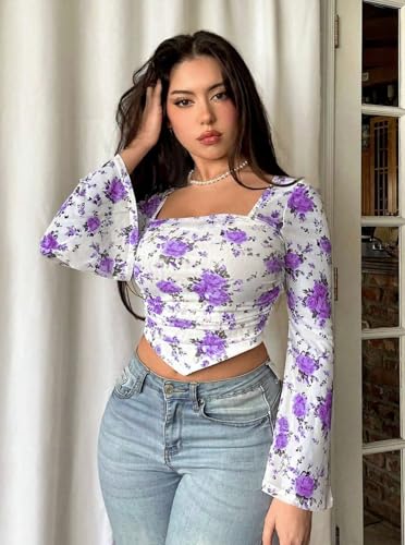 Image of Istyle Can Floral Print Slim‑Fit Crop Top with Square Neck & Bell Sleeves Casual for Women, 95 % Polyester /5 % Elastane Knit, Trendy Crop Tee for Jeans and Skirts