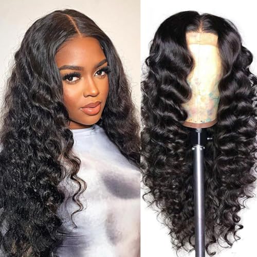 BINF Wigs Human Hair Loose Deep Wave Wig 30 Inch Loose Wave Lace Front Wigs Human Hair Pre Plucked 13x4 Deep Wave Human Wigs for Women HD Transparent Lace Frontal Wig Natural Black Hairline