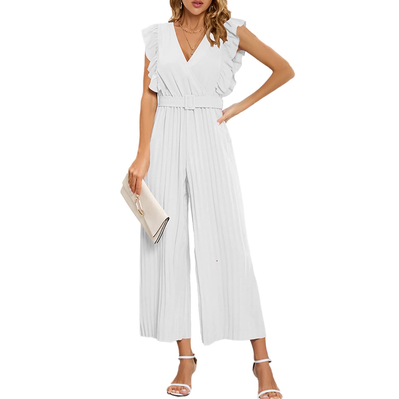 Ausla Mono Elegante sin Mangas para Mujer, Escote en V Profundo, Plisado, Pierna Recta, Monos de Fiesta con Cintura