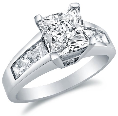 Solid 925 Sterling Silver Princess Cut Solitaire with Princess Cut Side Stones CZ Cubic Zirconia Engagement Ring 1.75ct. With Elegant Velvet Ring Box